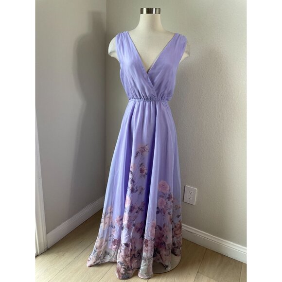 Fehaute Womens 12 Lavender Floral Chiffon V Neck Sleeveless A Line Maxi Dress - Picture 1 of 10